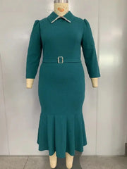 A teal midi-length mermaid dress with long sleeves, a turn-down collar, and a decorative belt.