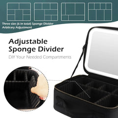 A black travel makeup case with an illuminated mirror and adjustable sponge dividers.