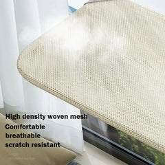 A beige, high-density woven mesh cat hammock designed to attach to a window.
