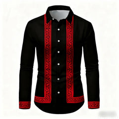 Men's Retro Geometric Print Long-Sleeve Shirt, Stylish Black and White Color-Blocked Slim Fit Shirt, Casual and Versatile Top