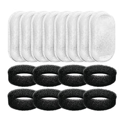 A set of eight white rectangular fountain filters and eight black circular foam pre-filters.