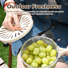 A person holds the lid of a clear, round fruit storage basket filled with green grapes.