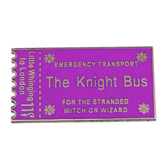 A purple rectangular enamel pin shaped like a Knight Bus ticket with gold lettering and details.
