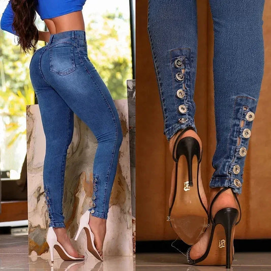 Spring 2025 Fashion Button Jeans Women Casual Skinny Pencil Pants High Waist Slim Stretch Denim TrousersLady Butt Lifting Jeans SHOWLU FASHION STORE