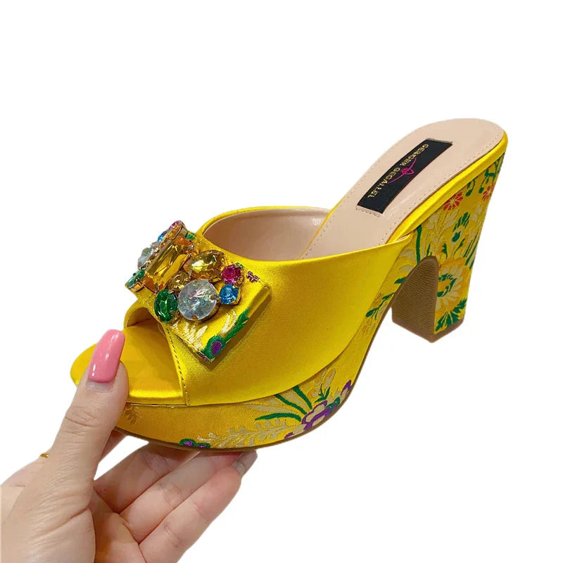 2023 Italian Designer Sandals Fashion Faux Embroidery Pattern Rhinestone Italian Design Ladies Wedding Shoes 10cm High Heels SHOWLU FASHION STORE