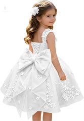 3D Floral with Bow Luxury Flower Girl Dress Wedding Thin Strap Backless Knee-Length Kid Pageant Party Birthday Event Dress