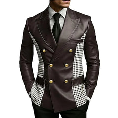 Men’s Brown Leather Blazer With Houndstooth Sides Vintage Two-Tone Double Breasted Slim Fit Gold Buttons Leather Tuxedo Jacket