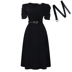 A black midi-length A-line dress with puffed short sleeves and a matching buckled belt.