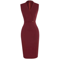 A sleeveless burgundy midi dress featuring a V-neckline, wrap-style bodice, and a single button.