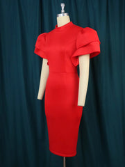 Designer Small Stand-up Collar Flared Sleeve Dress Waist Closed Cocktail Party Dress