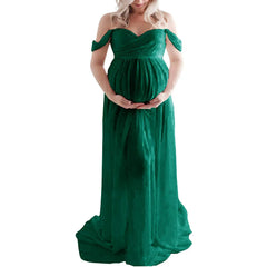 Deep V-neck lace maternity dress with tulle and feather details, long sleeves, and hollow horn accents, ideal for photoshoots.