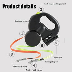 A black retractable dual dog leash with reflective straps, hooks, and integrated light features.