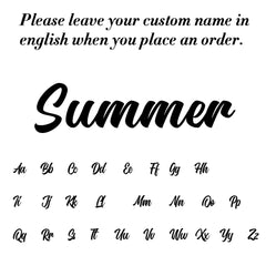 A font style chart for a custom name necklace showing the alphabet in a cursive script.
