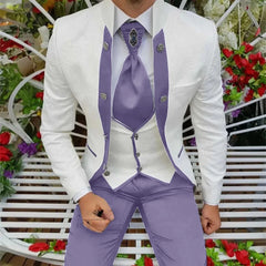 A three-piece men's suit featuring a white patterned jacket, a white vest, and purple trousers.