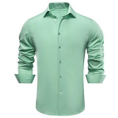 Hi-Tie Plain Solid Silk Men's Shirts Long Sleeve Lapel Dress Suit Shirt Blouse Wedding Business Blue Mint Pink Purple Green Gray