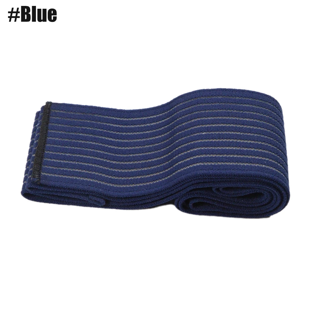 A blue elastic compression bandage with thin white stripes, rolled up for storage.