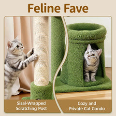 A cat tree with a sisal-wrapped scratching post and a green carpeted cat condo.