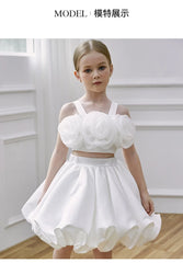 Two Pieces White Flower Girl Dresses Birthday Wedding Party Gown Kids Princess Sleeveless Knee Length Prom Dress for Girls