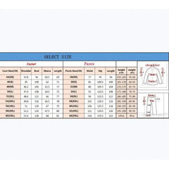 A size chart table for men's suit jackets and pants with corresponding body measurements.