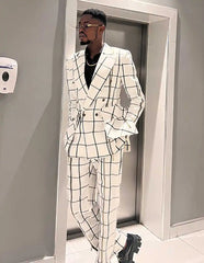 Handsome Wedding Tuxedos Check Double Breasted Men Suit Peaked Lapel 2 Piece Set Jacket Pants Groom Blazers Customized