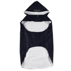 A navy blue dog raincoat with a hood, white mesh lining, and a reflective stripe.
