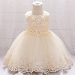 A sleeveless cream-colored baby dress with floral lace embroidery and a full tulle skirt.