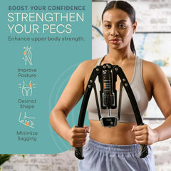 A woman holds a black hydraulic chest expander with an adjustable resistance dial and counter.