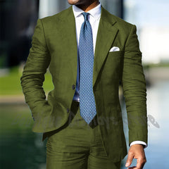 Blue Linen Single Breasted Men Suit Two Pieces(Jacket+Pants) Outfits Casual Party Prom Wedding Set
