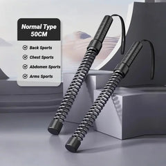 Two stainless steel spring arm expanders with ergonomic grips are displayed on gray blocks.