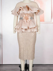 Elegant African Dresses For Women 2025 New Fashion Ruffle Wedding Party Midn Dress Plus Size Turkey Sequin Evening Gown