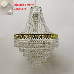 A tiered acrylic chandelier shade with clear hanging droplets and a gold-tone metal frame.