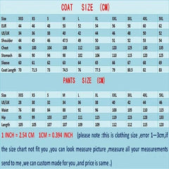 A size chart for men's suit jackets and pants with measurements in centimeters.