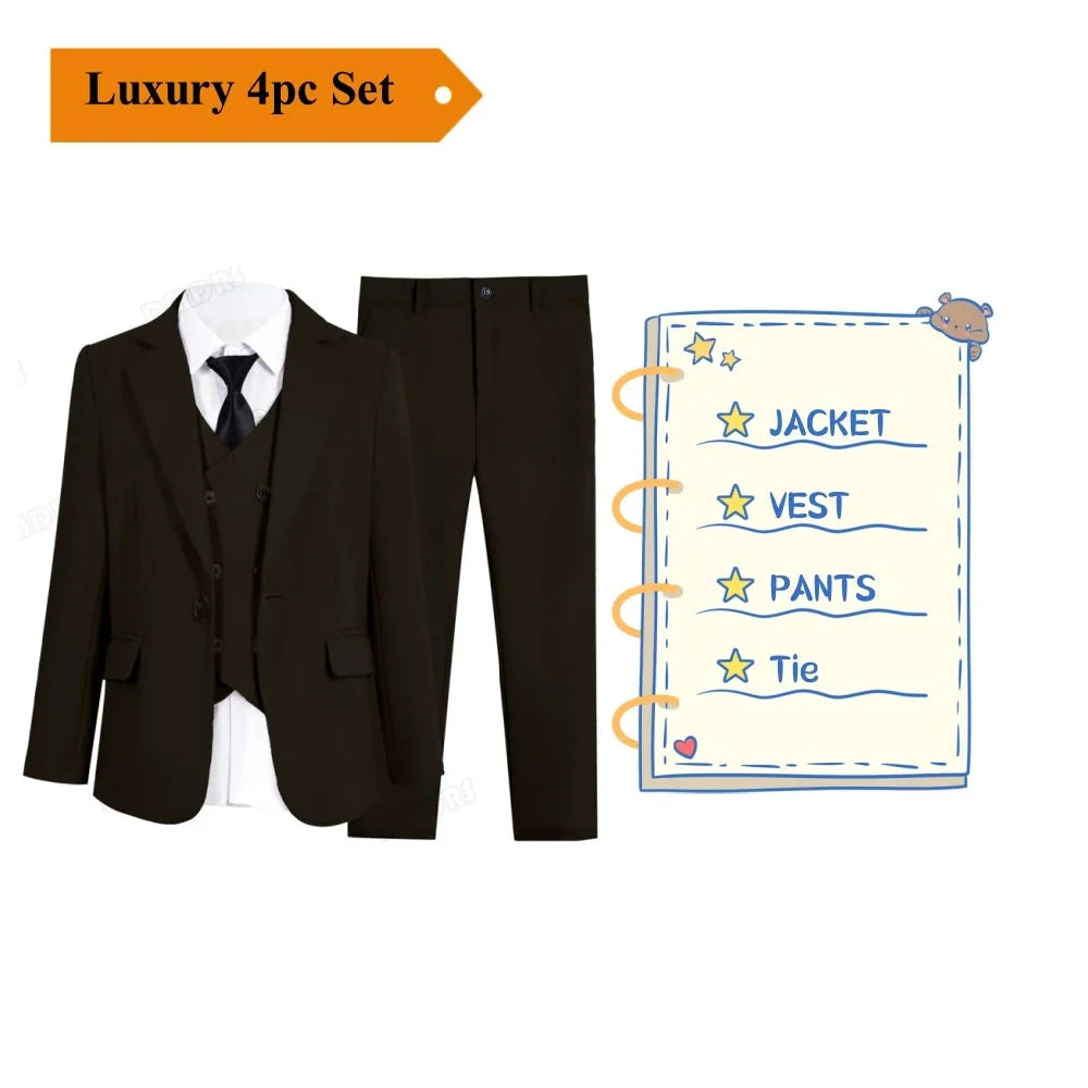 A four-piece formal suit set for boys including a jacket, vest, pants, and tie.