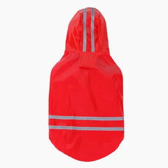 A bright red waterproof pet raincoat with a hood and reflective silver stripes.