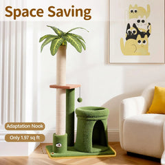 A palm tree-themed cat tower with a scratching post, a cozy green hideaway, and a hanging toy.