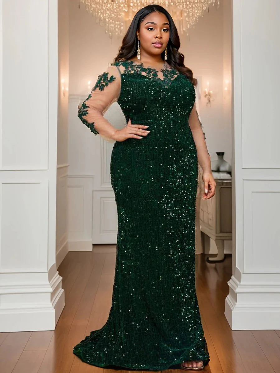 Curve Evening Party Long Dress Lace Patchwork Sequined Velvet Full Sleeved Hollow Out Maxi Prom Gown for Women SHOWLU FASHION STORE