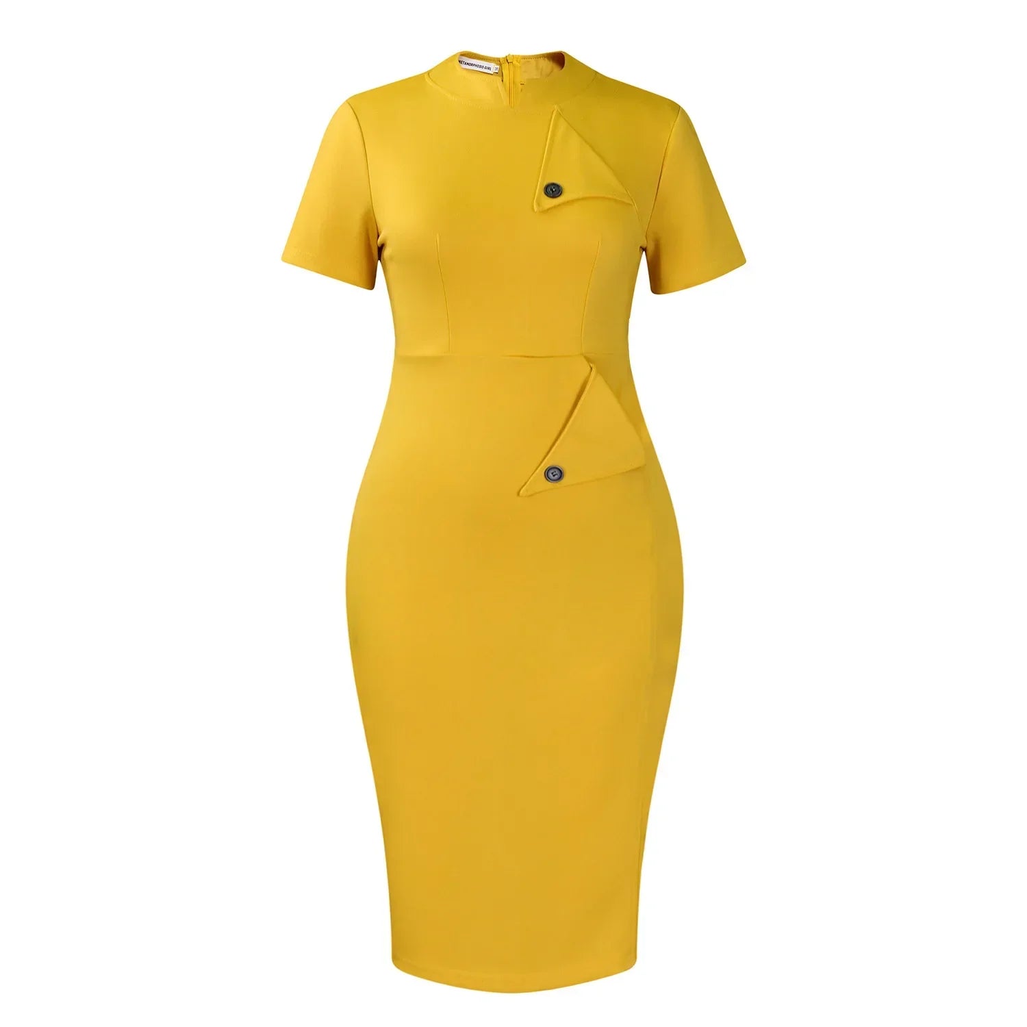 A yellow short-sleeve midi sheath dress with a high collar and decorative buttoned triangle flaps.