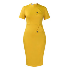 A yellow short-sleeve midi sheath dress with a high collar and decorative buttoned triangle flaps.