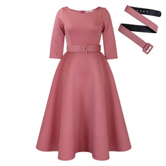 A dusty pink A-line midi dress with three-quarter sleeves and a matching waist belt.