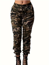 Women's low-waisted camo print cargo pants with a drawstring waist and cuffed ankles.