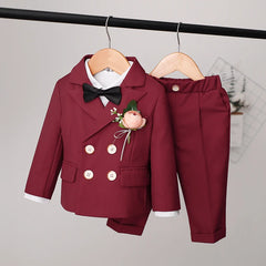 Children's Formal Burgundy Suit Set Autumn Winter British Boys Jacket Pants Vest Outfit Kids Baby's First Birthday Party Dress