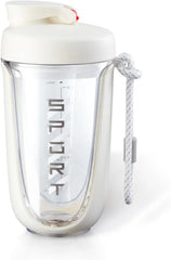 A white protein shaker bottle with a clear body, measurement markings, and a carrying cord.