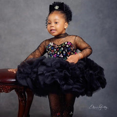Customized Flower Girl Dresses For Wedding Black Knee Length Cute Baby Pleate Puffy Princess Birthday Party First Communion Gown
