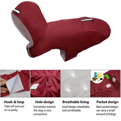 A red hooded dog raincoat with a reflective stripe, breathable lining, and a back pocket.