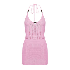 hirigin Women Backless Halter Mini Dress Casual Summer Knit Crochet Cutout Bodycon Party Dress for Beach Club Streetwear