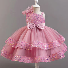 A pink sleeveless ball gown for girls featuring a sequined bodice, tiered tulle skirt, and bow.