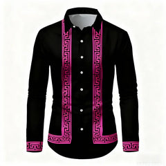 Men's Retro Geometric Print Long-Sleeve Shirt, Stylish Black and White Color-Blocked Slim Fit Shirt, Casual and Versatile Top