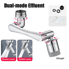 A stainless steel faucet extender with a 1080-degree swivel nozzle and two spray modes.