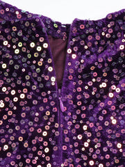 A close-up of a purple velvet dress featuring a zipper closure and all-over sequin embellishment.