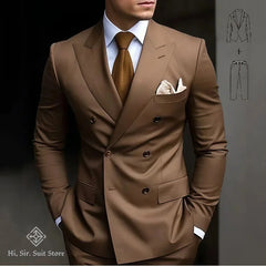 New 2 pcs Double-breasted Suit Set Men's Slim-fit Young Men Blazer Jacket Dress Suits Pants Ensemble Wedding Ball Reunion Attire